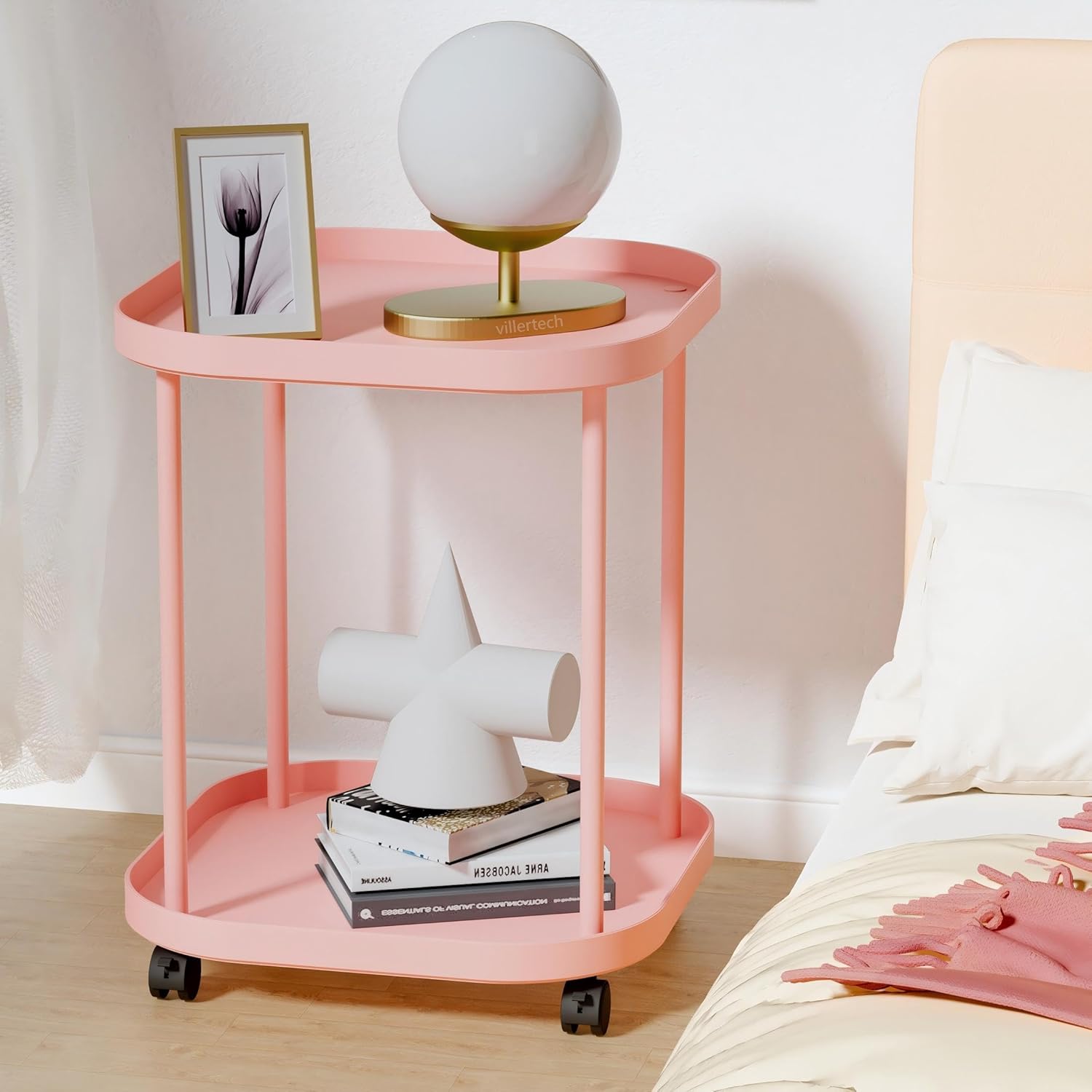 Side Table with Wheels, End Table Living Room Plastic Mobile Sofa Side Table Small Night Stand Bedroom Pink