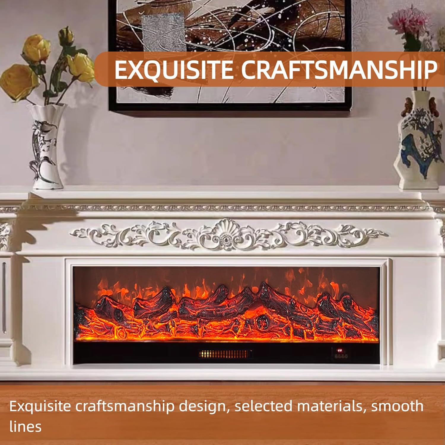 Electric Fireplace - White Electric Fireplace Heater with Mantel Includes Luxury Carving, Freestanding TV Stand with Faux Flame for Living Room (79IN)
