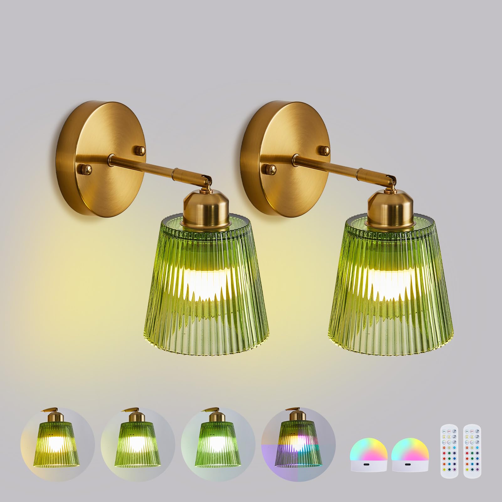Pingxihule Vintage Battery Operated Wall Sconce Set of Two with Green Glass Lampshade Rechargeable Wall Light Indoor Wireless Wall Lamp with Remote Control for Bedside Bedroom Living Room