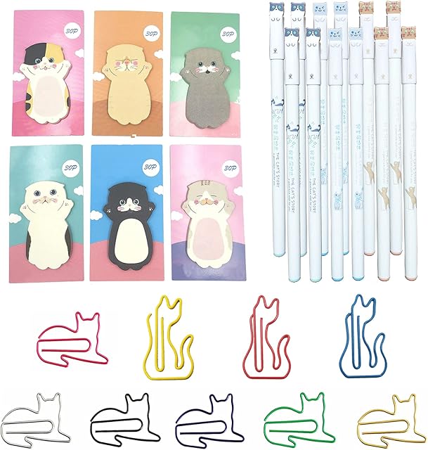 DUGYIRS 225 Pieces Cat Stationery Set Creative Cat Gel Ink Pens Cute Cat Sticky Notes Cat Paper Clip Paper Memo Clips for Cat Lovers Home Office School Women Kids Gifts