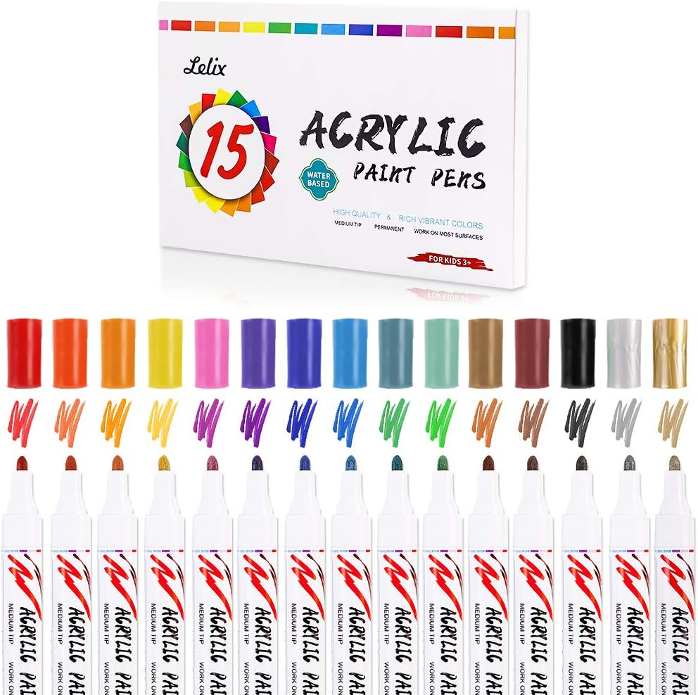 Acrylic Paint Markers, Lelix 15 Colors Acrylic Paint Pens for Rock, Glass Painting, Ceramic, Wood, Canvas, Fabric, Photo Album, DIY Craft Projects, Medium Point