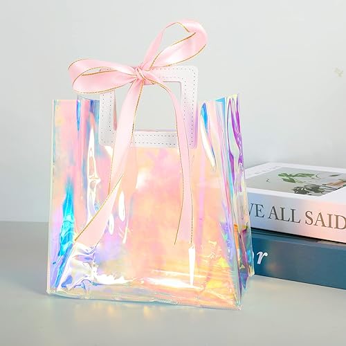 Miniatura 9 de Whaline 5 bolsas de regalo holográficas grandes de 12.8 x 11.6 x 5.7 pulgadas, iridiscentes, transparentes, reutilizables, de PVC, bolsas de compras