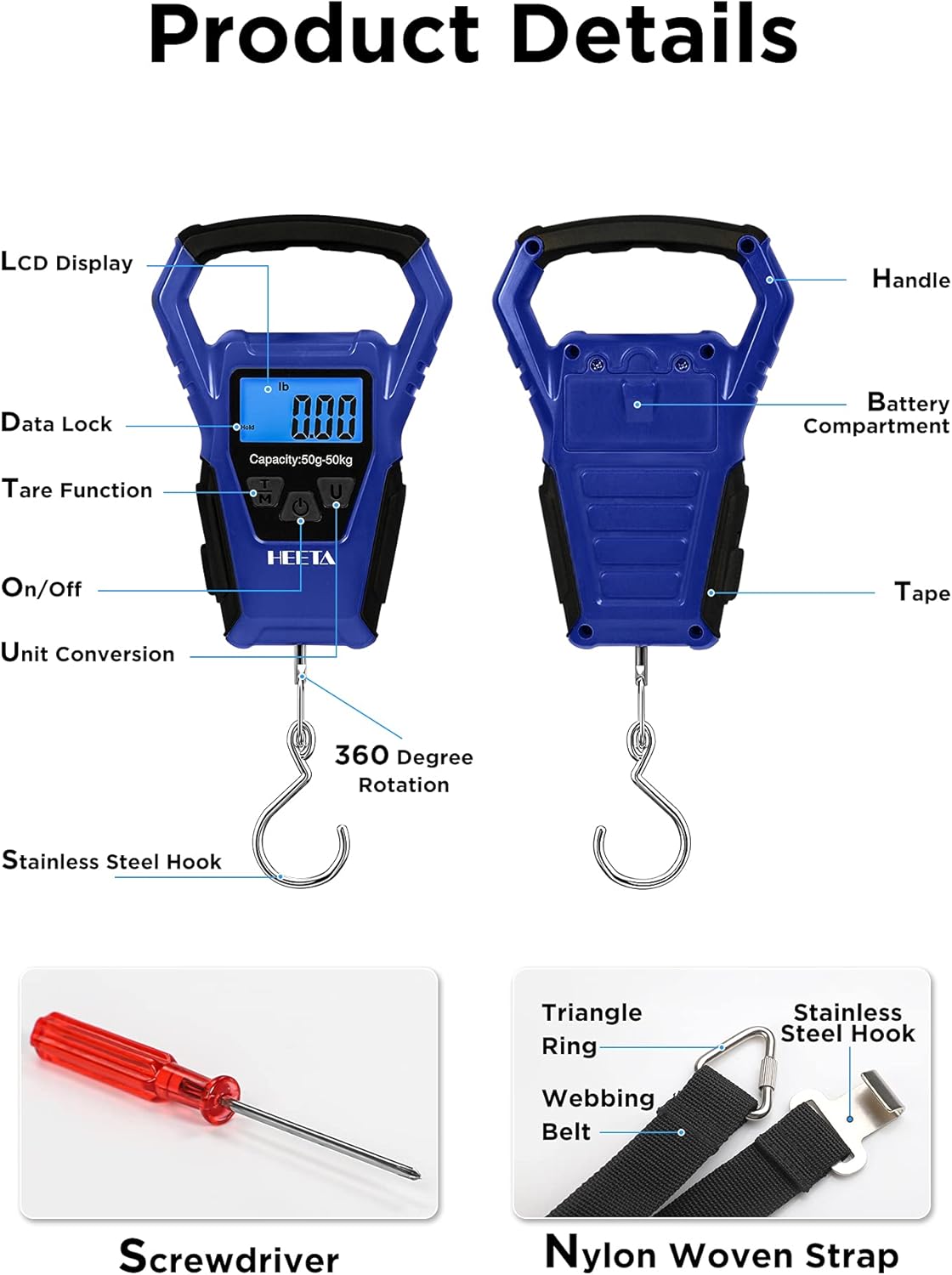 HEETA Waterproof Fish Scale Digital with Backlit LCD Display, 110lb/50kg Portable Hanging Scale Fishing Scale for Home and Outdoor, Measuring Tape and 2 AAA Batteries Included (Blue) : Sports & Outdoors