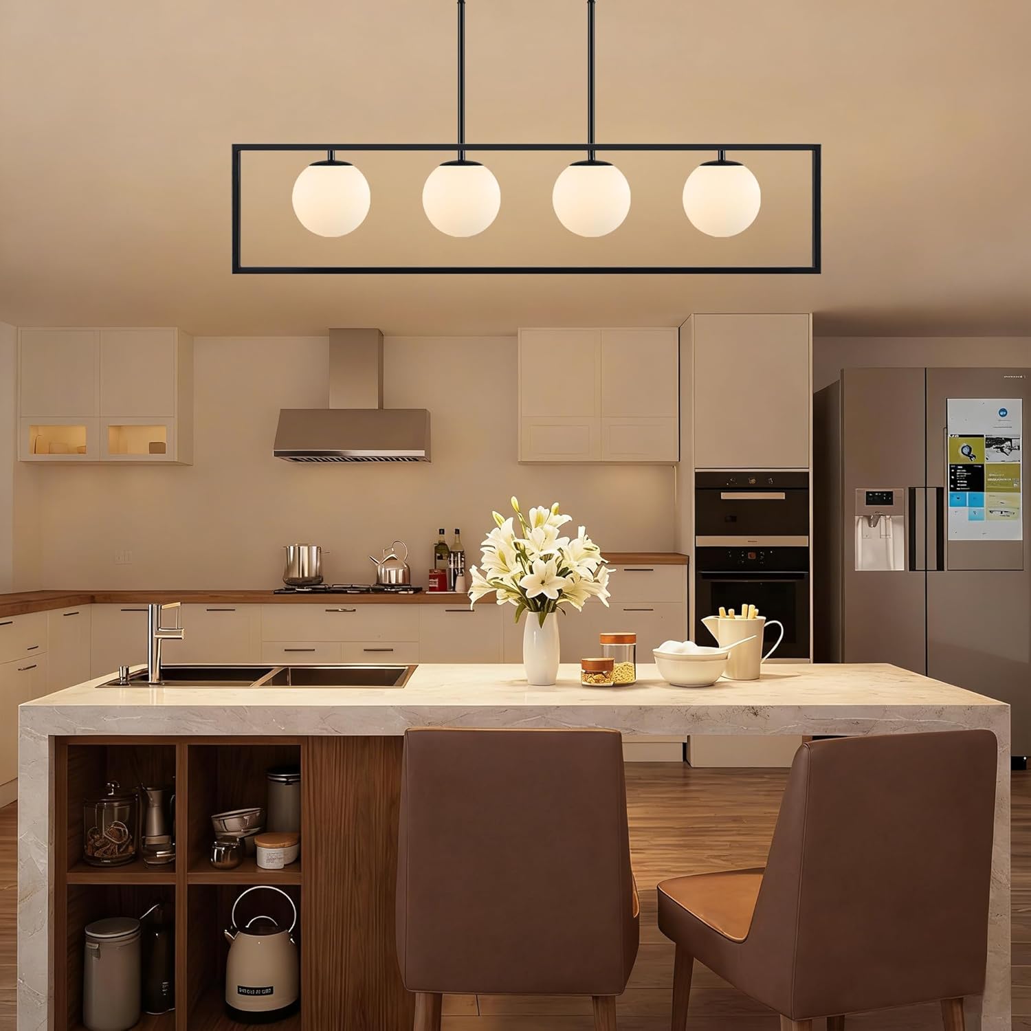 4-Light Farmhouse Kitchen Island Lighting, 44.5" Dining Room Light fixtures Over Table, Milk Glass Globe Linear Chandeliers for Dining Room Over Island, Black Vintage Chandelier for Living Room