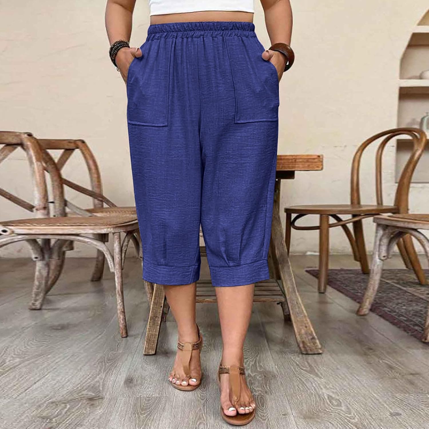 Womens Wide Leg Capri Pants Summer Palazzo High Waisted Casual Lounge Vacation Cropped Beach Trousers Work Outfits