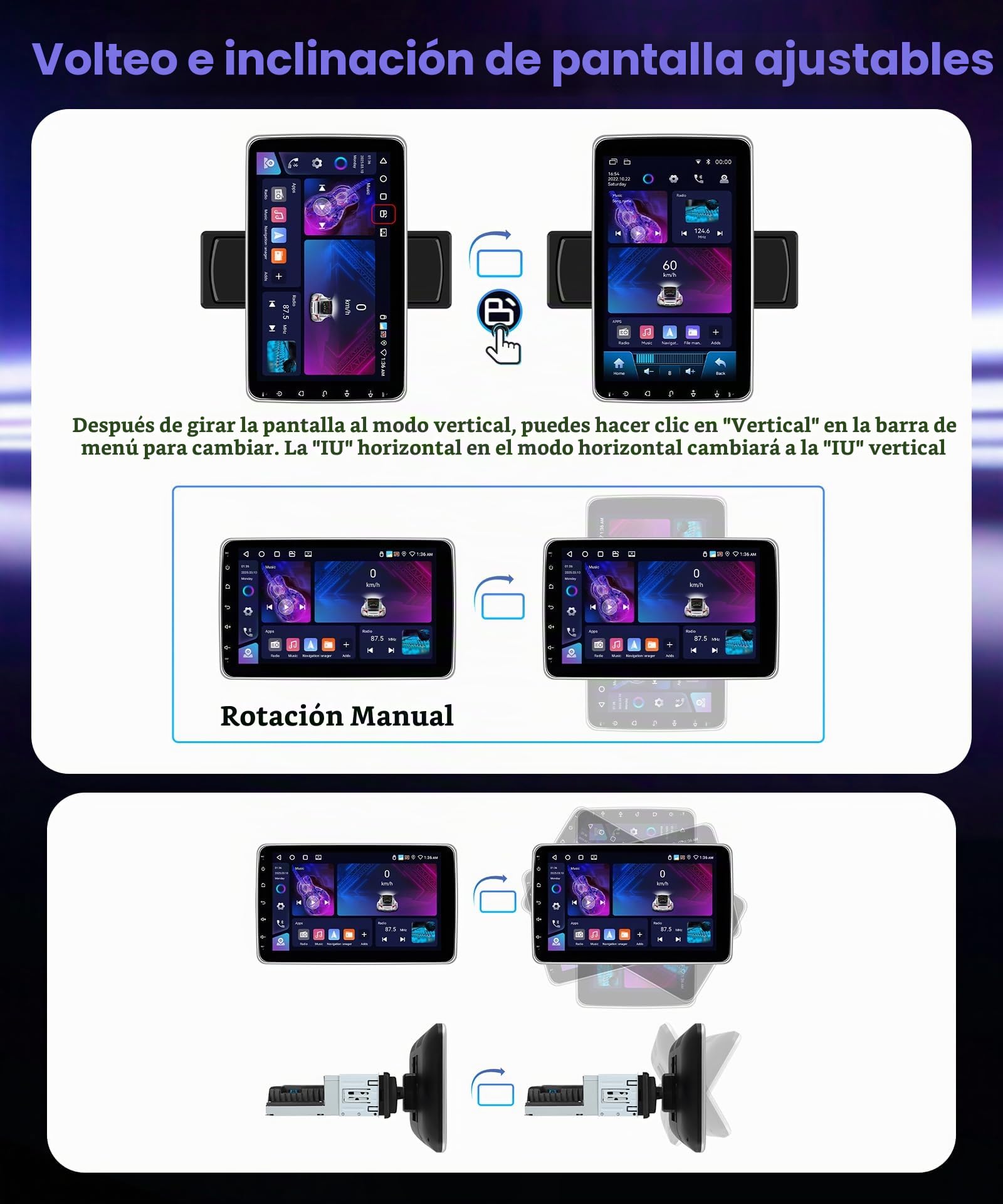 VECHTEL 4G+64G Android 15 Radio Coche Bluetooth con Carplay Android Auto Inalámbrico, Autoradio 1 DIN con Pantalla Táctil Giratoria de 10'' HD con Bluetooth FM RDS GPS Wi-Fi Enlace Espejo USB Cámara