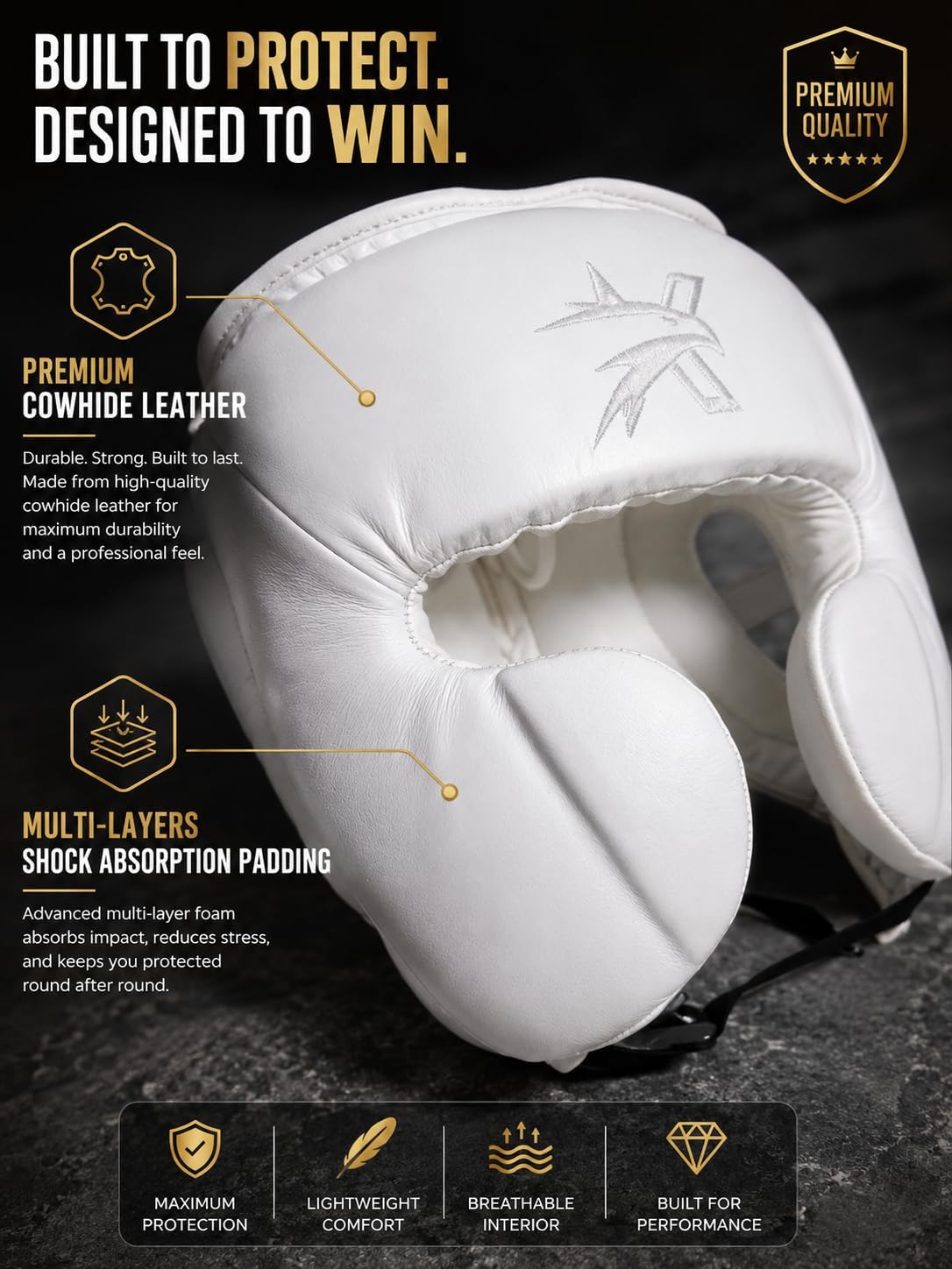 Premium Grain Leather Boxing Headgear Open Face with Cheek Protection, Full Face 360 View, Shock Absorbing Padding, Adjustable Sparring Helmet for Boxing MMA Muay Thai Kickboxing