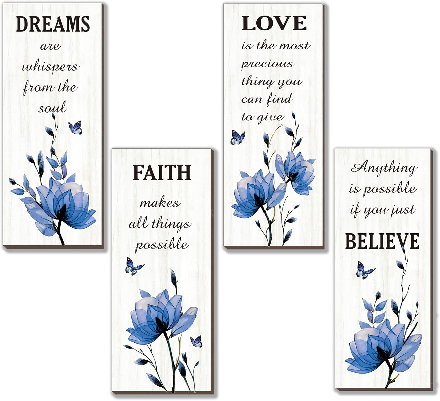 DONFENTHY 4 Pcs Blue Bathroom Decor Blue Wall Decor With Flower Dreams Faith Love Believe Positive Quotes Wooden Rustic Bathroom Accessories Home Bedroom Living Room Kitchen(10X4)