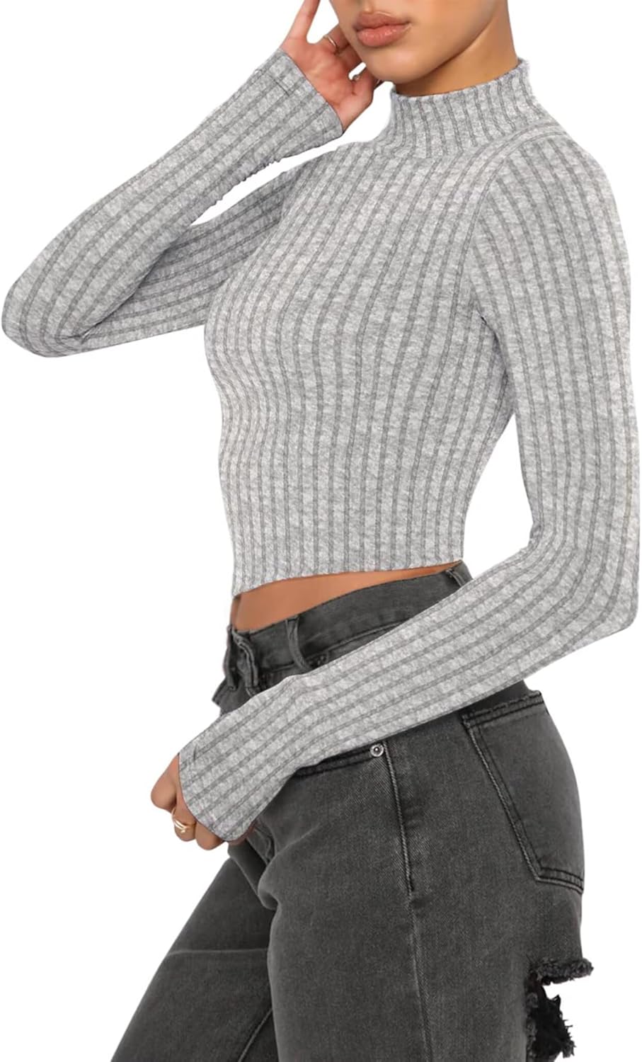 VICHYIE Womens Fall Mock Neck Shirts Cropped Thin Sweater Long Sleeve Soft Fuzzy Pullover Jumper Tops - Image 4