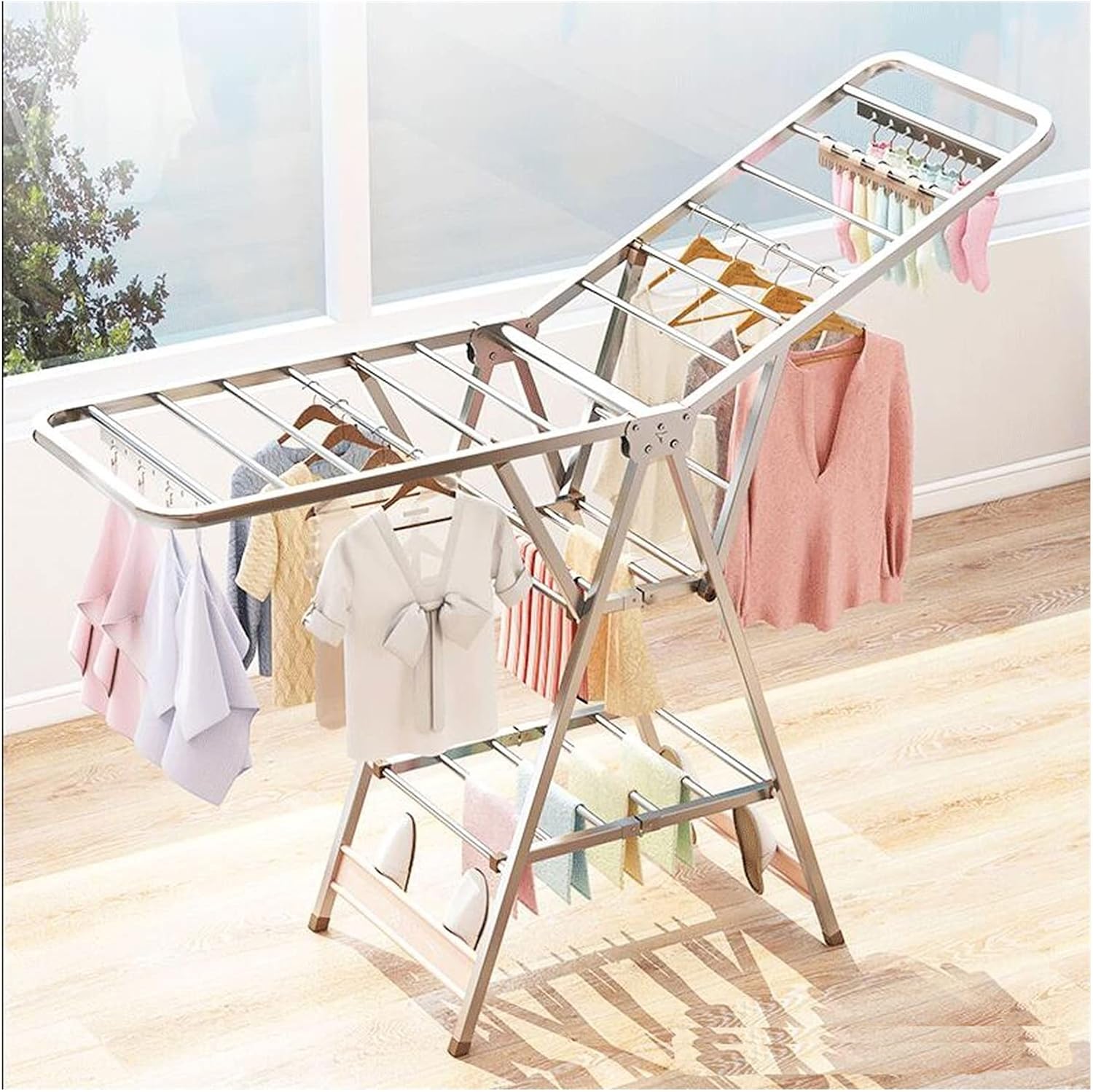 Foldable Freestanding Drying Rack,Laundry Rack Foldable Garment & Clothes Drying Rack, 01 Stainless Steel Foldable Floor Clothes Rack Outdoor Towel Rack-1.6m