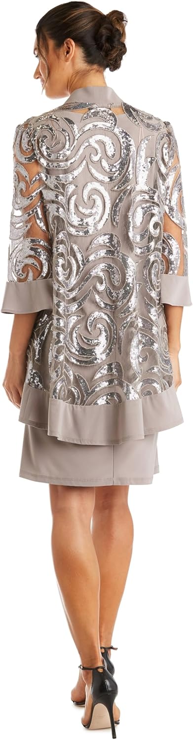 Elegant Knee-Length Geometric Shift Dress W/ 3/4 Sleeve Draped Flyaway Jacket - Image 5