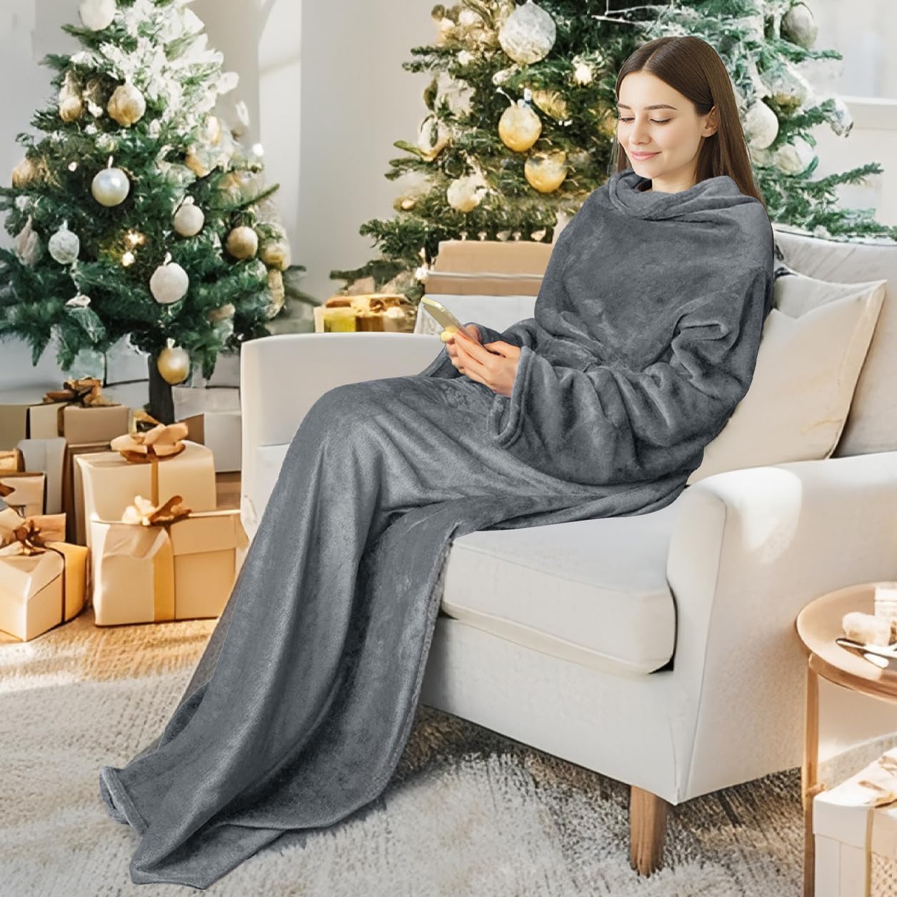 Catalonia Wearable Blanket with Sleeves and Pocket, Cozy Soft Fleece Mink Micro Plush Wrap Throws Blanket Robe for Women and Men, Gift for Her - Image 2