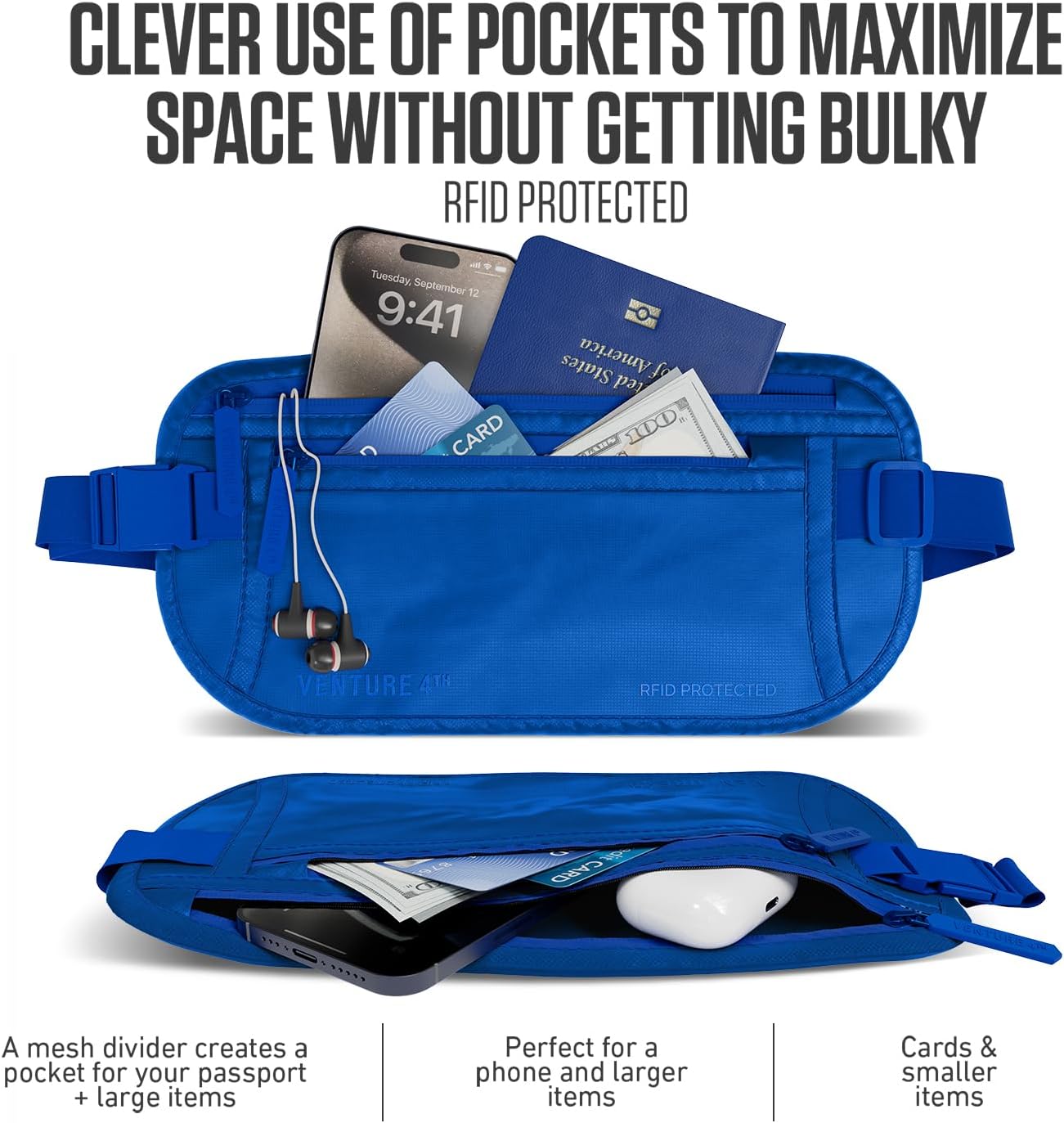 VENTURE 4TH Money Belt for Travel – Slim Hidden Under-Clothes RFID Blocking Anti-Theft Passport Holder & Travel Wallet Pouch for Men & Women to Protect Cash, Cards & Documents (Sleek Blue) thumbnail
