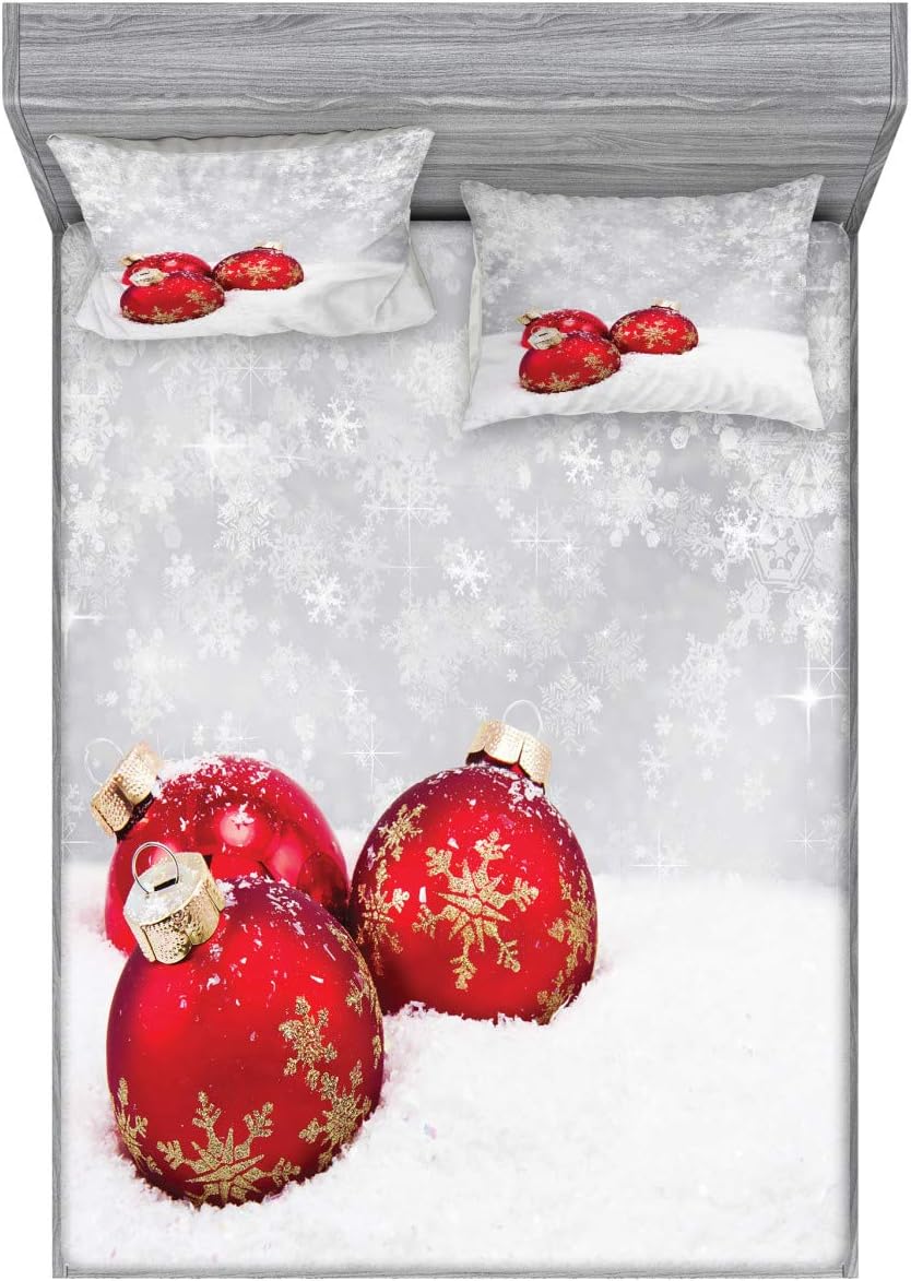 Ambesonne Christmas Fitted Sheet & Pillow Sham Set, Xmas Baubles on Snow Snowflakes Ice Holiday Humanitarian Artwork Illustration, Decorative Printed 3 Piece Bedding Decor Set, Full, White Vermilion