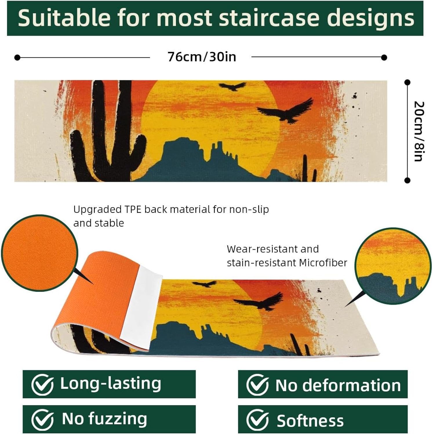 Sunset Wild Free Western Desert (3) Carpet Stair Treads, Stair Treads for Wooden Steps Indoor, Stair Runner for Pets Non Skid Wood Staircase Step Treads Reusable, Set of 15