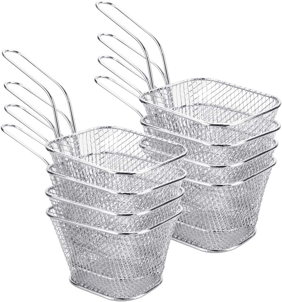 Chip Serving Frying Baskets Mini Chip Baskets with Handle 8Pcs Chef Chrome Fry Basket Set,Stainless Steel French Fry Cooking Tapas Food Presentation Gadget Tool for Shrimps Onion Rings