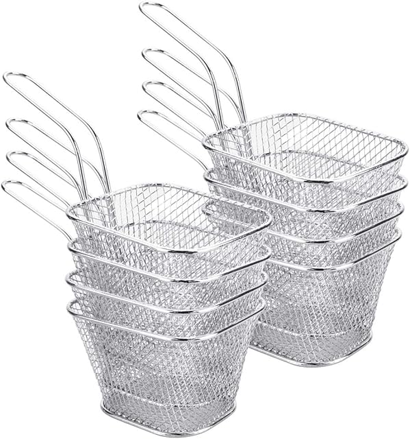 DECARETA Chip Serving Frying Baskets Mini Chip Baskets with Handle 8Pcs Chef Chrome Fry Basket Set,Stainless Steel French Fry Cooking Tapas Food Presentation Gadget Tool for Shrimps Onion Rings