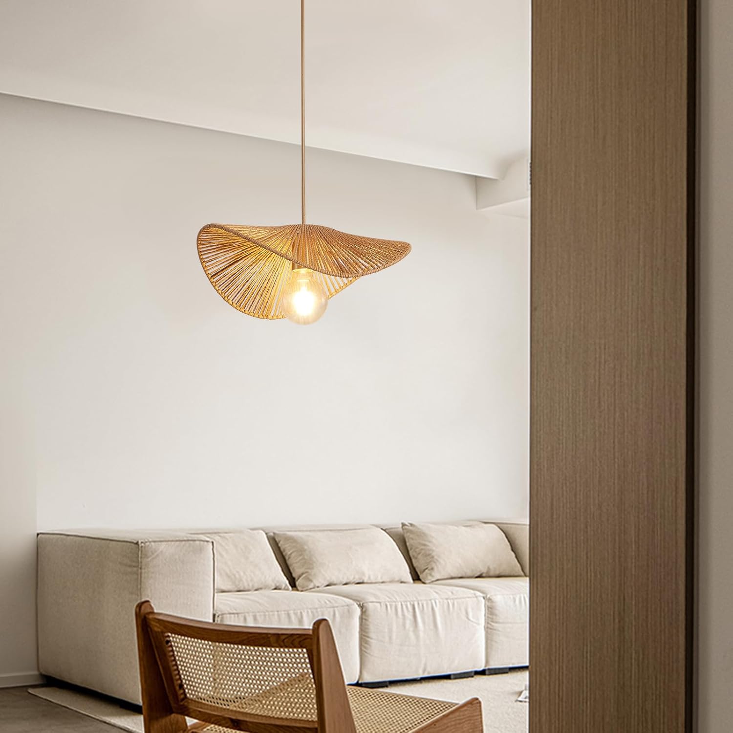 Boho Rattan Pendant Light Fixture Modern Style Hanging Light Bamboo Handwoven 1-Light Hanging Lamp for Farmhouse Bedroom Living Room Dining Room