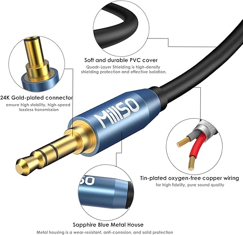 Miniatura 6 de MillSO Divisor de audio, hembra a 2 machos TRS divisor de audio de 0.138 in, cable adaptador de auriculares estéreo azul zafiro y chapado en oro