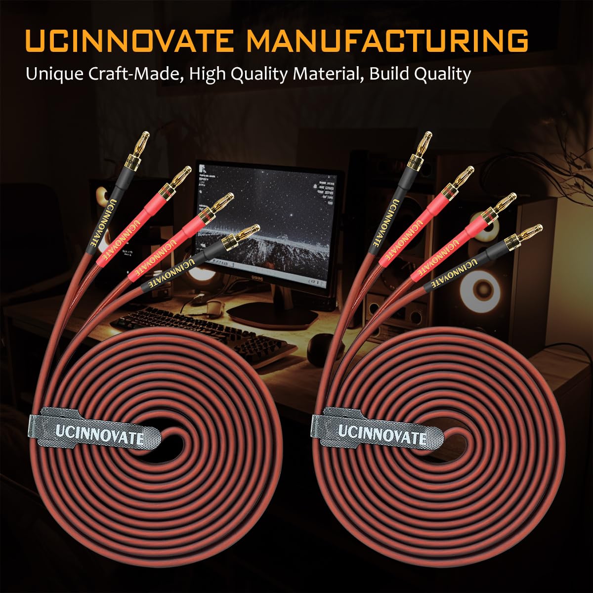 UCINNOVATE Speaker Cable with Banana Plugs, 2 Pack 9.8ft/3m 14 Gauge Speaker Wire with Gold-Plated Banana Plugs, Home Theater OFC Speaker Wire Cable for Hi-Fi & Home Audio, Amp, Vintage Speakers