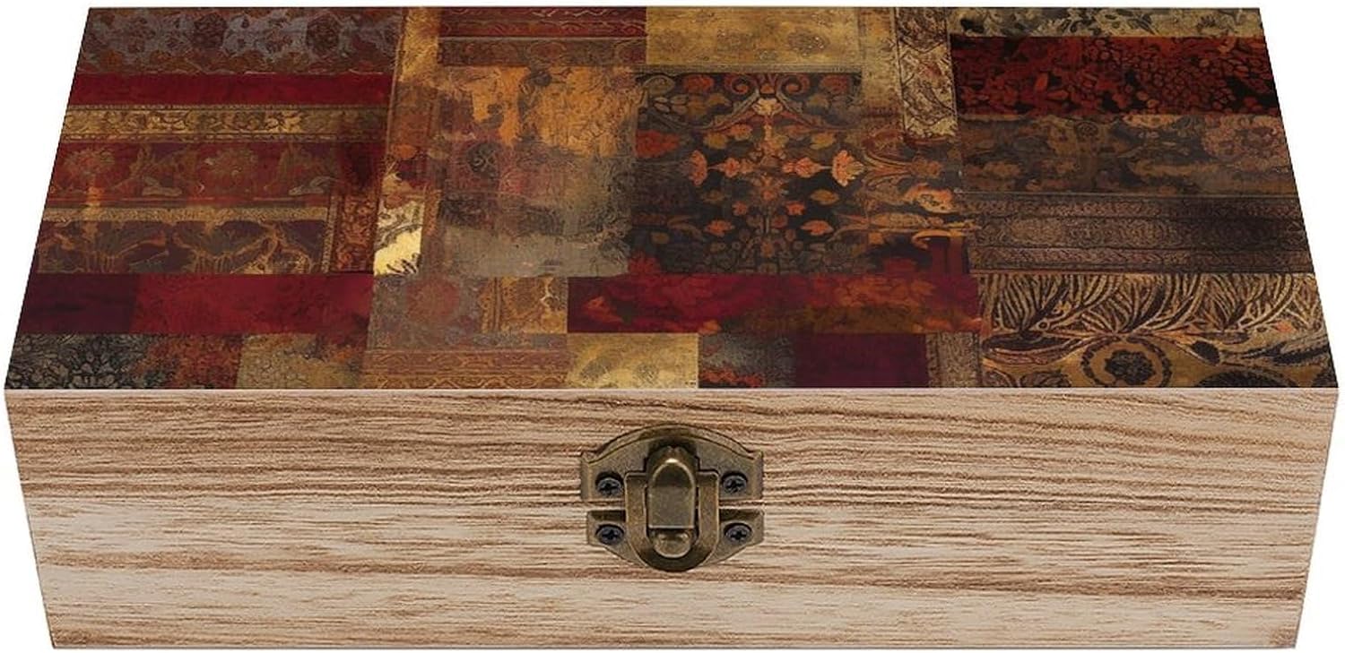 Patchwork Pattern Wooden Box with Hinged Lid, Large Photo Storage Box for Women Men, Keepsake Treasure Chest Boxes, Jewelry Organiser Case, Memory Case, 7.9'' X 3.9'' X2.3''