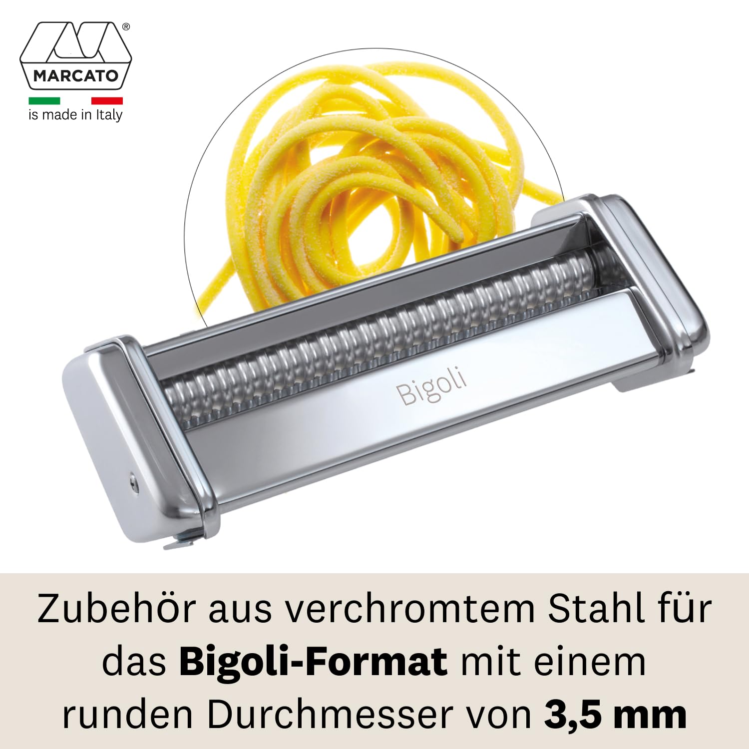 MARCATO Nudelmaschinen-Aufsatz, für Bigoli, 3,5 mm runder Schnitt, verchromter Stahl, Hergestellt in Italien, kompatibel mit Atlas 150 und Atlasmotor, Nudelschneider Küchenzubehör. Nudelform: Bigoli