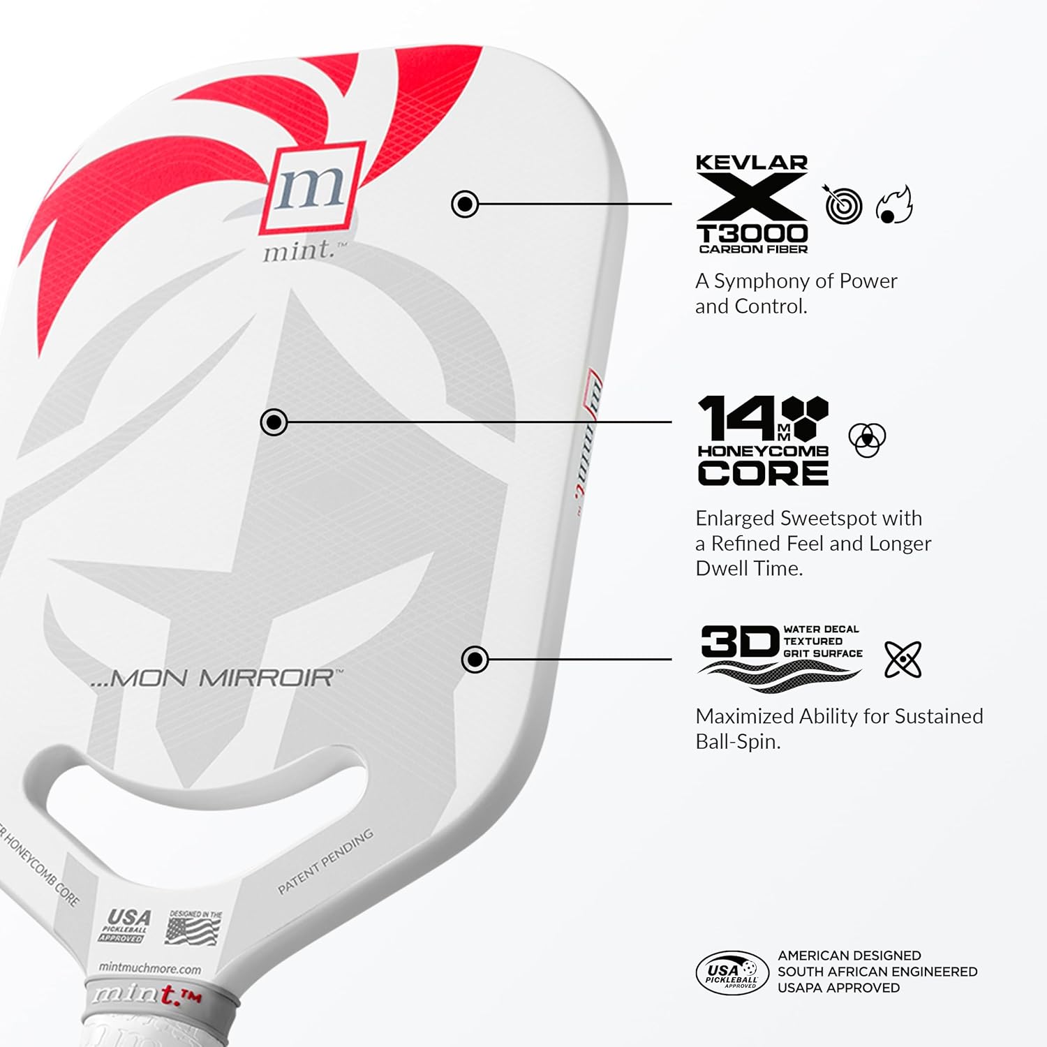 Mint Sport Mon Mirroir Pickleball Paddle – 3K Carbon Kev Hybrid Face, 14mm Pickleball Paddle Polypropylene Honeycomb Core, Thermoformed Edgeless Design, USAPA Approved for Spin & Control