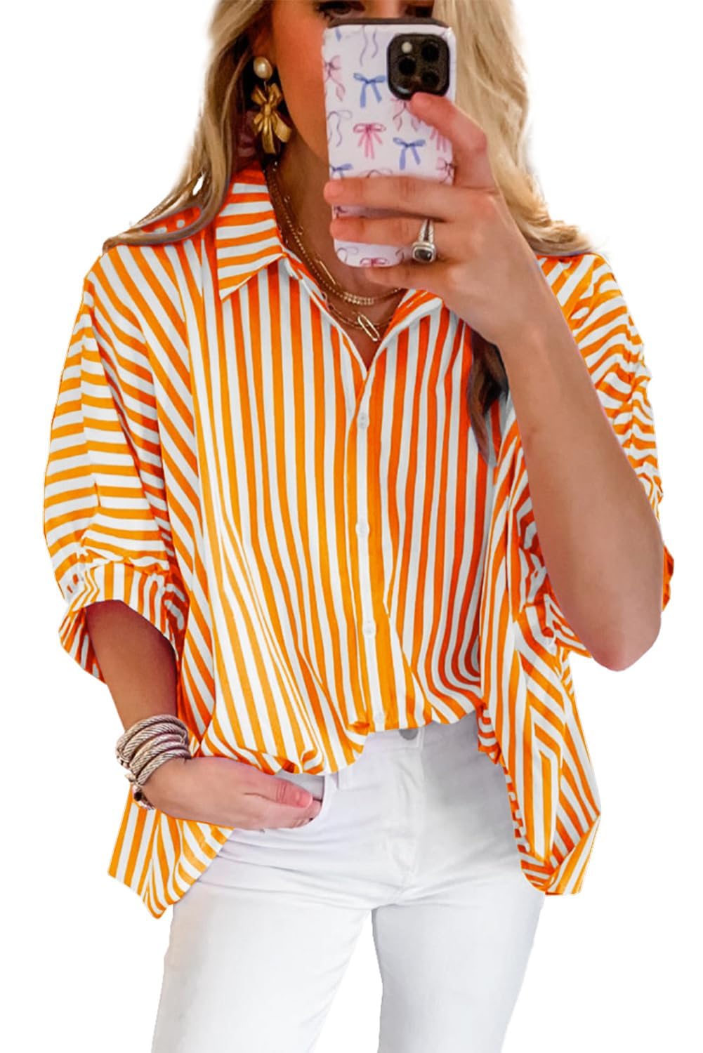 Women 2024 Summer Stripe Dolman Sleeve V Neck Oversize Shirt Tops Casual Button Up Short Sleeve Striped Blouse Medium Z Orange