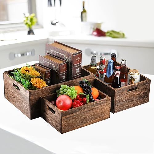 Miniatura 6 de Frcctre Juego de 3 cajas de almacenamiento de madera con asas, cajas decorativas de madera rústica, hechas a mano, cesta de madera maciza natural