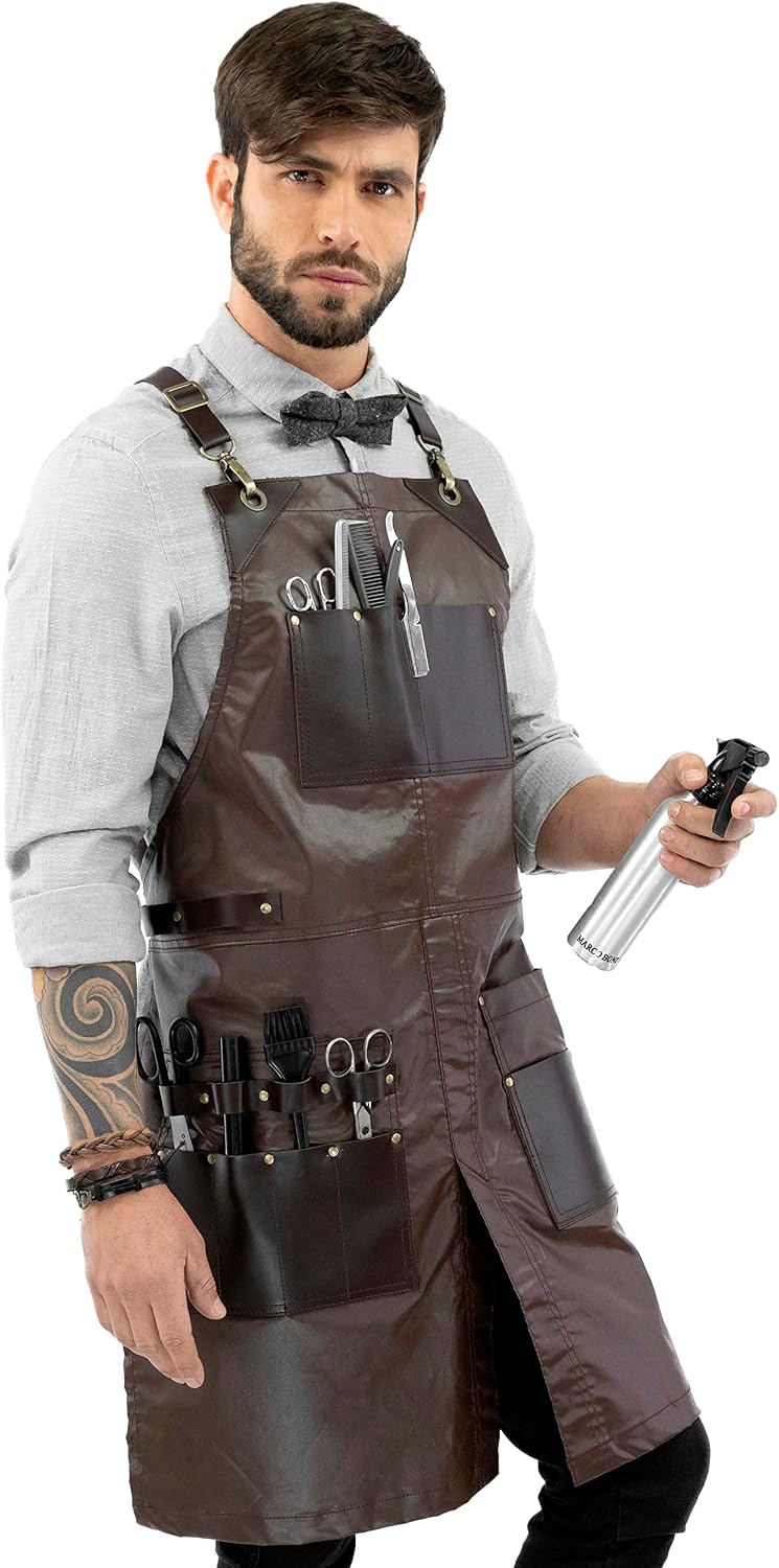 Under NY Sky Barber Brown Apron - Leather Straps, Pockets, Reinforcements - Crossback - Coated Brown Twill, Tool Pockets, Split-Leg – Adjustable for Men, Women – Barista, Bartender, Hairstylist, Salon