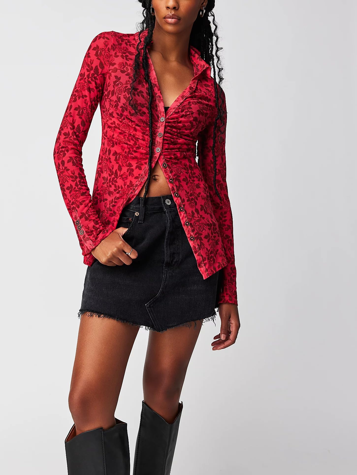 Blusa de manga larga con botones para mujer, estilo bohemio, con estampado floral, cuello fruncido, estilo vintage, estilo urbano