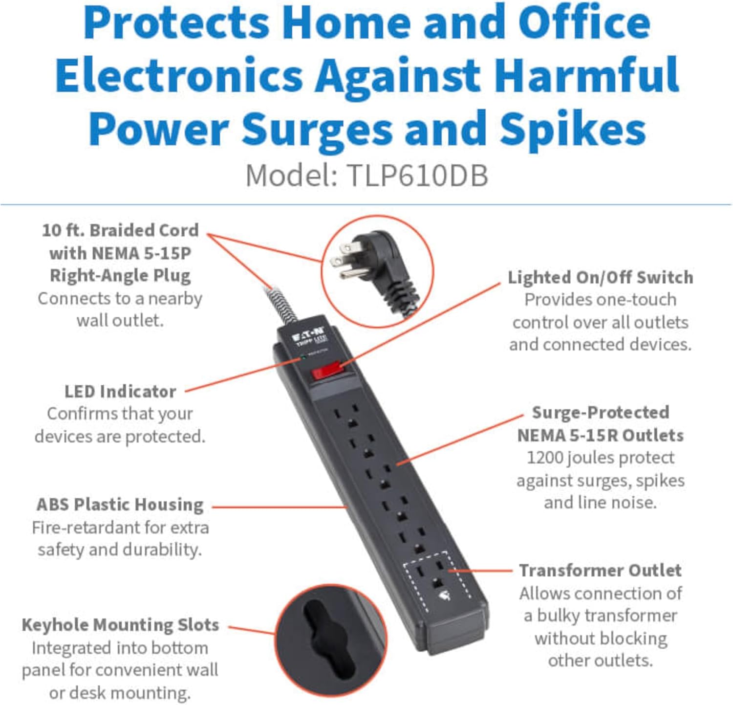 Eaton Tripp Lite Series 6-Outlet Surge Protector Power Strip, Flat Plug 10ft Braided Extension Cord, 1200 Joules, 15A Circuit Breaker, Lifetime Manufacturer's Warranty & $10,000 Insurance (TLP610DB)