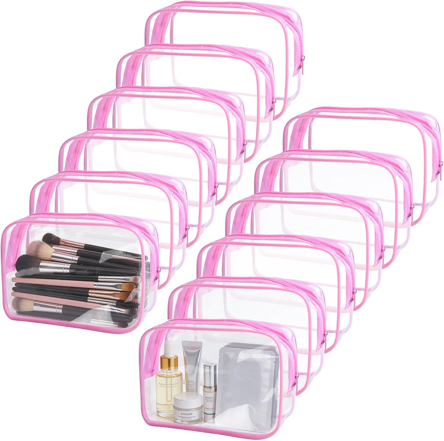 12 Pieces Clear Makeup Bags Bulk, TSA Approved Toiletry Bag PVC Cosmetic Toiletries Pouch with Zipper, Waterproof Vinyl Plastic Organizer Case for Carry-on Travel Essentials (Pink Medium)