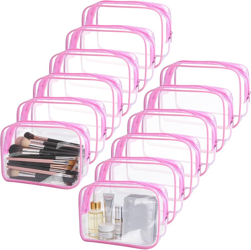 YOQIVEXU Necessaire de maquiagem transparente com zíper, rosa médio, Pacote com 12