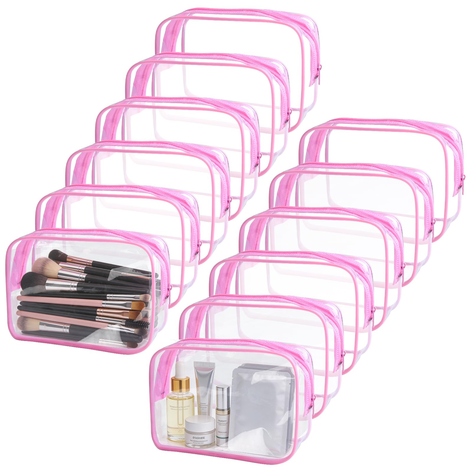 12 Pieces Clear Makeup Bags Bulk, TSA Approved Toiletry Bag Cosmetic Toiletries Pouch with Zipper, Waterproof Vinyl Plastic Organizer Case for Carry-on Travel Essentials (Pink Medium)