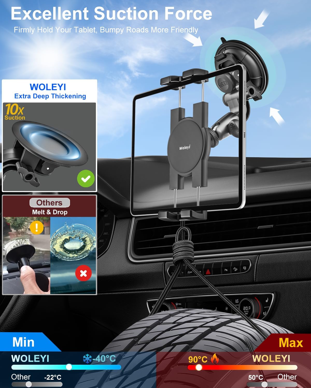 woleyi Heavy Duty Tablet Holder for Car/Truck - [Super Suction Cup] Windshield Dashboard Car Tablet Mount with 1/4" Screw Adapter for 4-13" iPad Pro/Air/Mini, Galaxy Tab/Z Fold, iPhone & Gopro/Camera