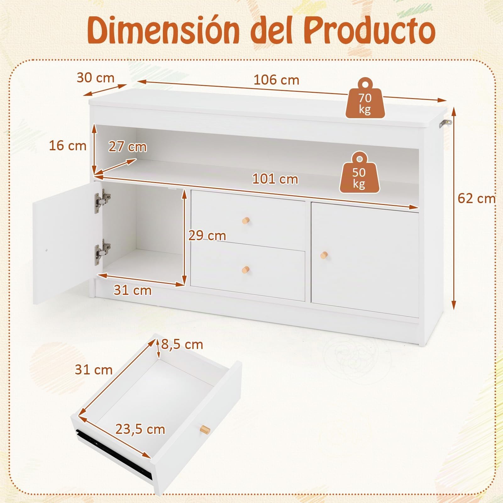 GOPLUS Organizador de Almacenamiento de Juguetes para Niños, Estantería con 2 Cajones, 2 Gabinetes Cerrados y 1 Compartimento Abierto, Mueble de Madera para Sala de Juegos (Blanco)