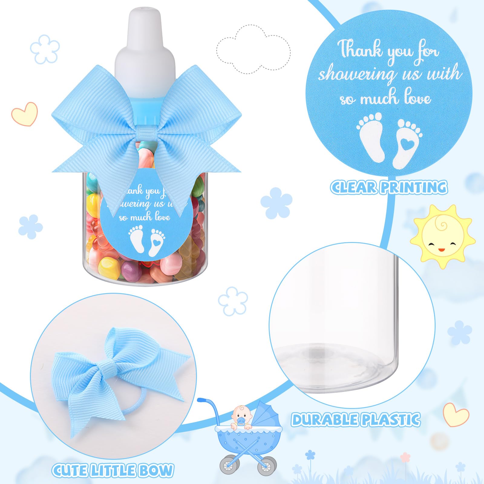 Teenyyou 48 juegos de mini biberones azules de 3.5 pulgadas para baby shower, fiesta, juego, botellas de leche de plástico con calcomanías de agradecimiento y lazos, regalos de agradecimiento para