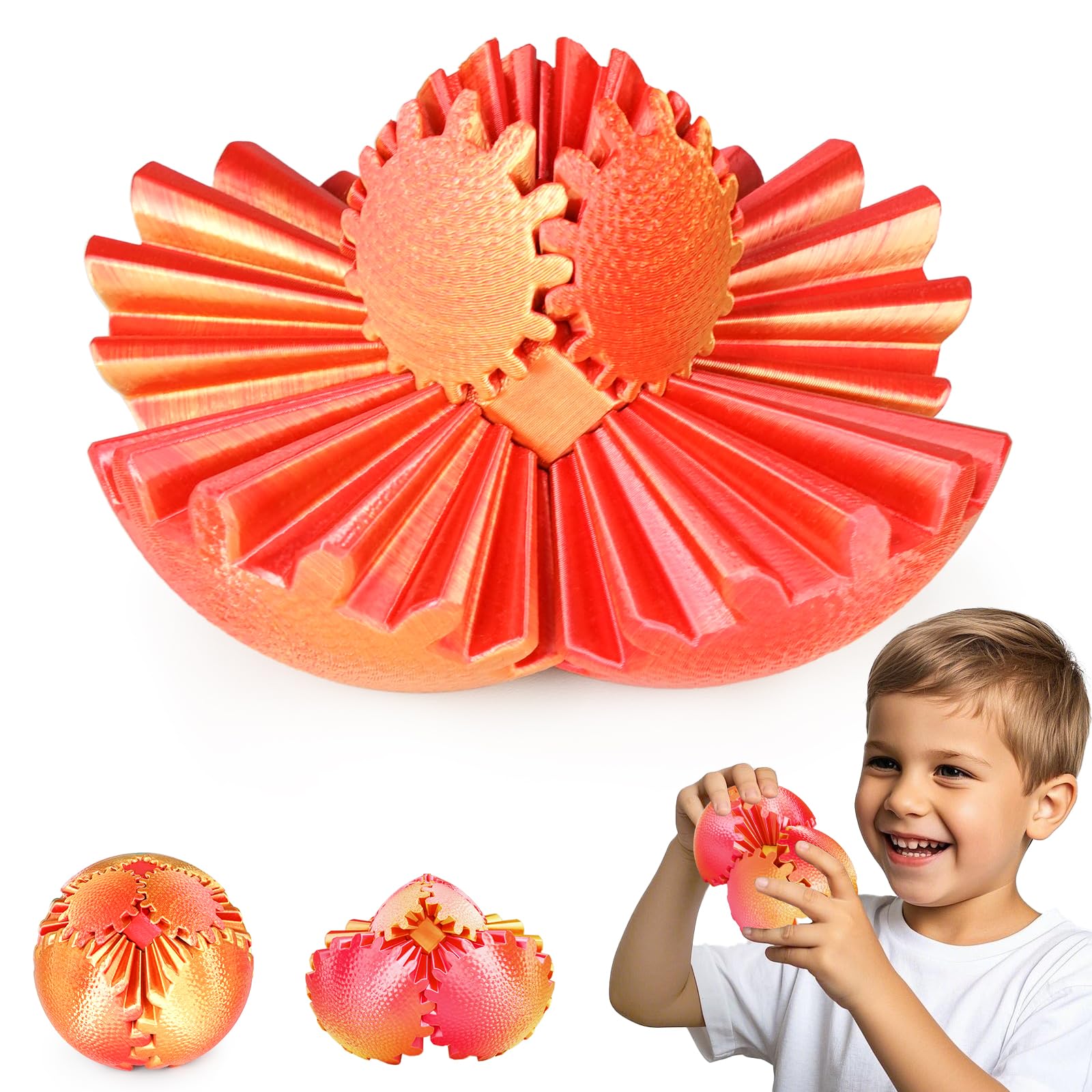 Gear Ball Fidget Toys Steampunk Gear Sphere 3D Printed Sensory Desk Fidget Stress Relief for Kids Teens Adults Birthday Stocking Filler Easter Basket Filler(Sunset Red,6 cm)