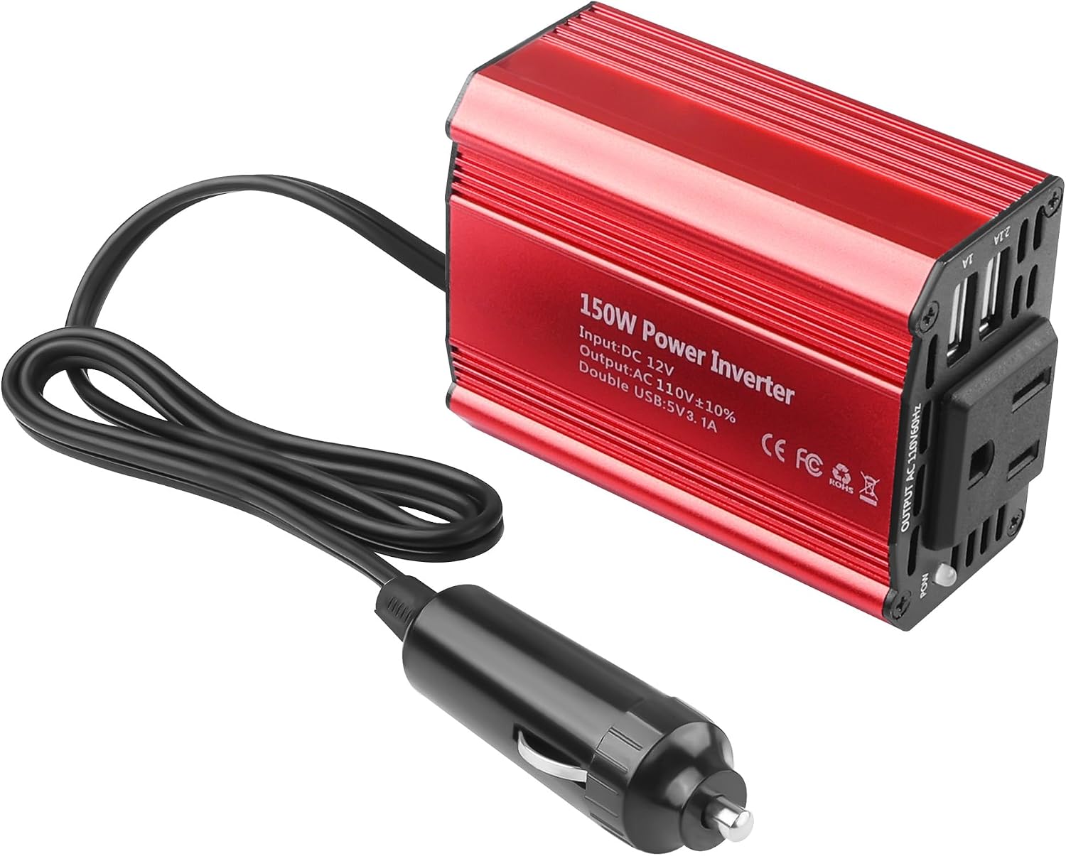 150W Car Power Inverter DC 12V to AC 110V with 3.1A Dual USB Charging Ports, Universal Car Outlet Adapter for LaptopComputerDVD and Household Appliances