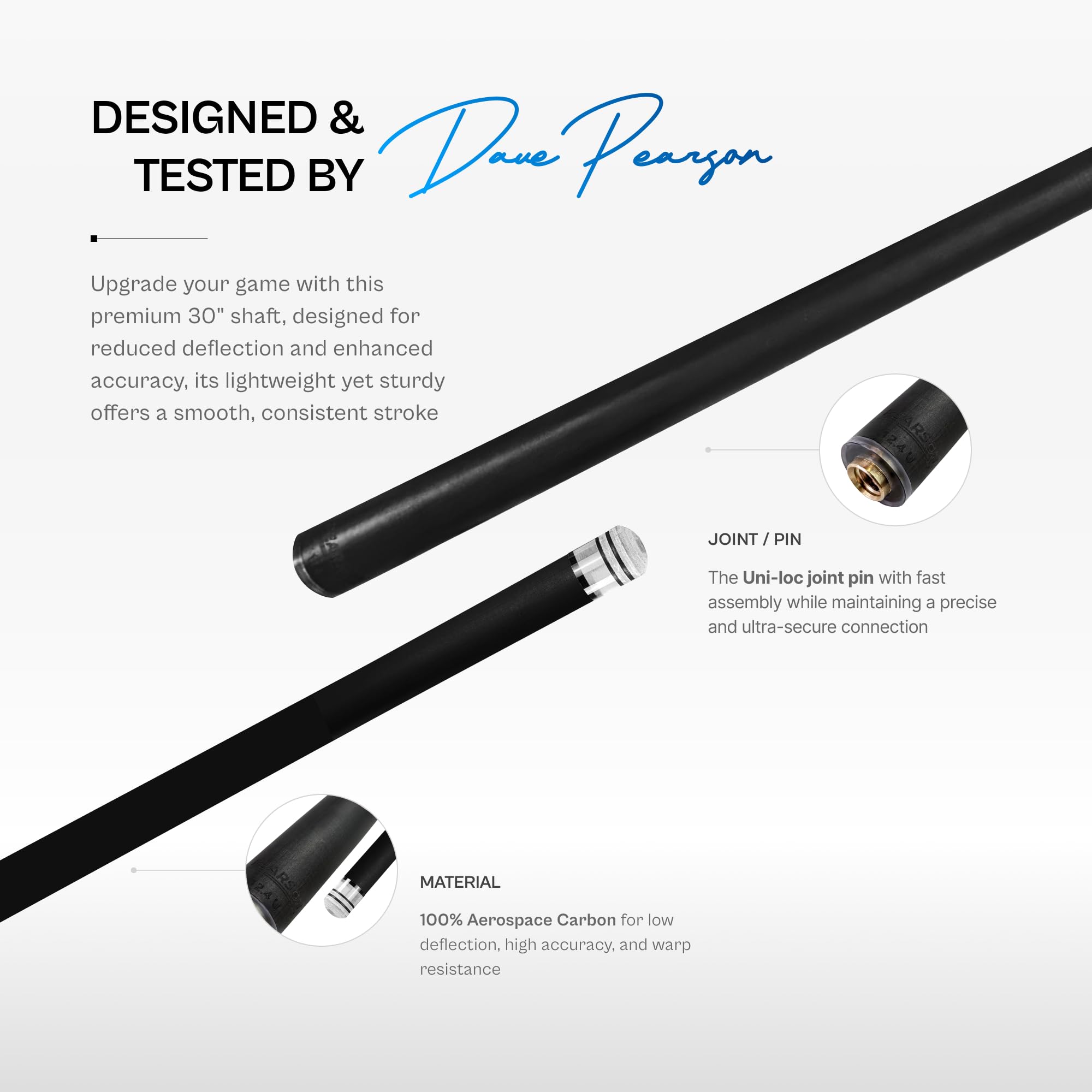 PEARSON Carbon Clear 2 Shaft – 30” Carbon Fiber Low Deflection Pool Cue Shaft with Clear Ferrule & Assassin Tip – 11.8mm or 12.4mm – Fits Uni-Loc Joint Types – Pro Billiards Accessory Upgrade