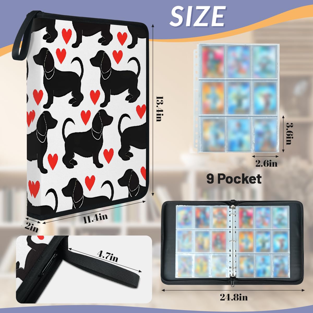 Raccoglitore per carte collezionabili con 9 tasche con bassotto, raccoglitore per carte di credito, con maniche rimovibili, impermeabile, con cerniera, 50 pagine, capacità 900 carte