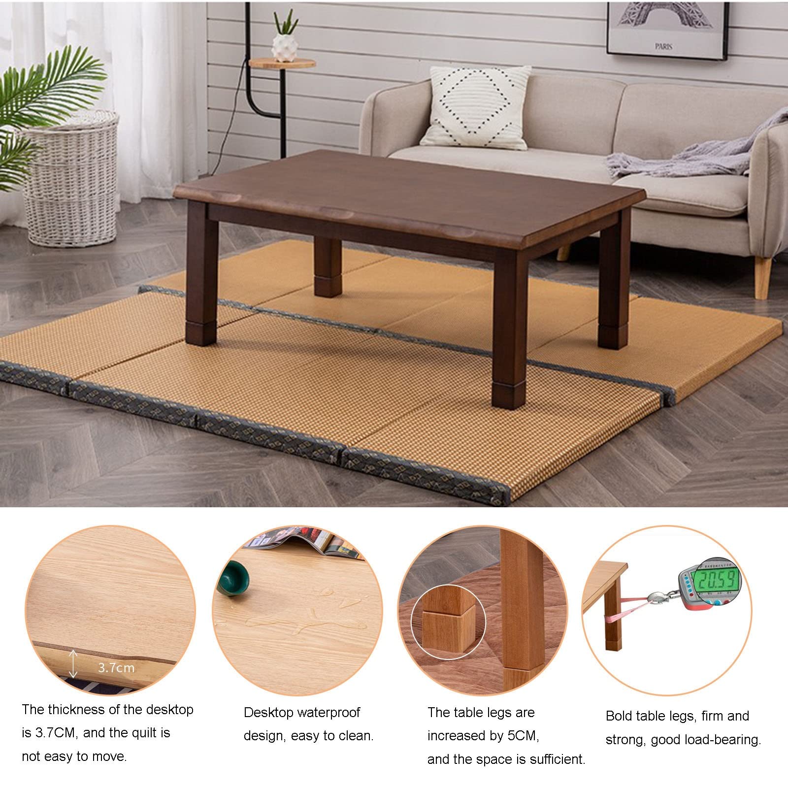 Kotatsu 5-teiliges Set Multifunktionaler Niedriger Tisch Aus Massivholz Heiz-Kotatsu Im Wohnzimmer Warmes Geschenk Für Die Familie (Farbe: Walnuss, Größe: 80 * 120 * 45cm)