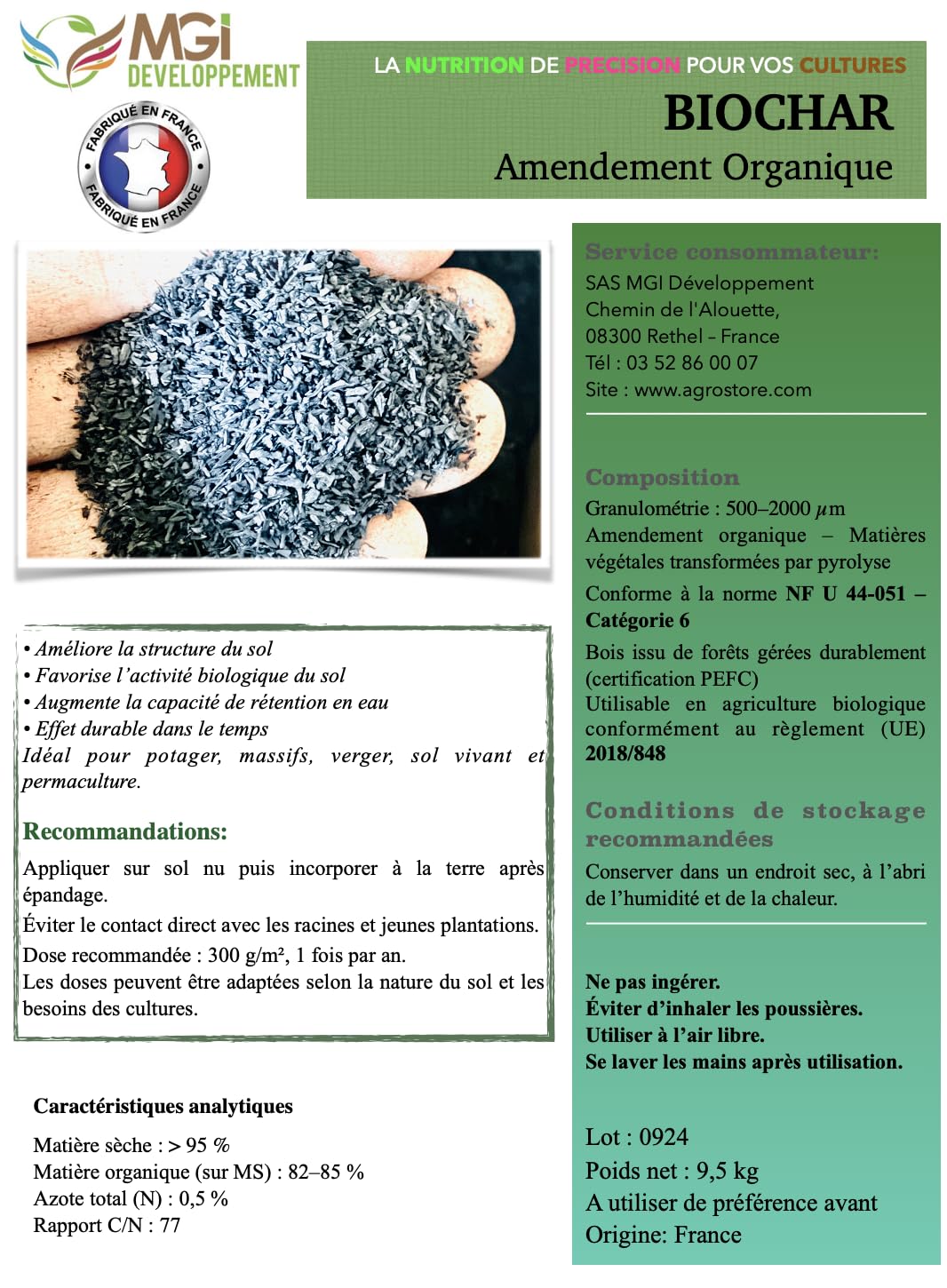 Biochar - Emendamento organico - 100% Carbone vegetale per terreni derivati dalla pirolisi di legno francese non trattato, 0,5-2 mm (9,5 kg)