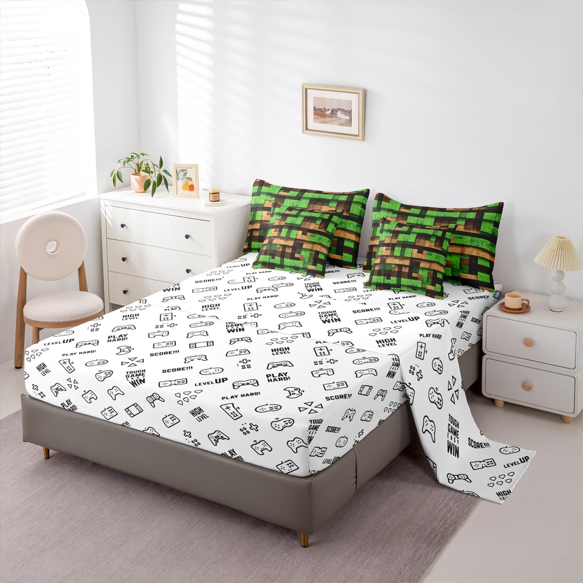 Castle Fairy Miners Pixel Games 7 Piece Bedding Set Twin Size,Green Brown Grid Stripe Comforter & Sheet Sets 3D Video Games Bed in a Bag Build Sandbox Theme Flat & Fitted Sheets,4 Pillow Covers image 5