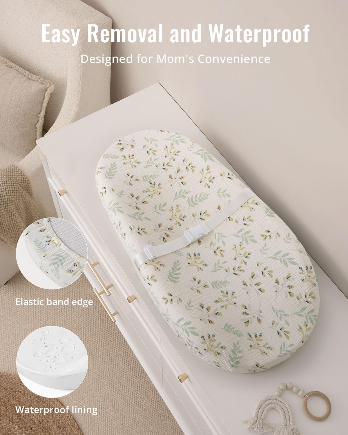 Blissful Diary Cambiador de muselina para bebé con forro de espuma impermeable, cambiador de pañales con funda para aparadores (Monstera, aguacate)
