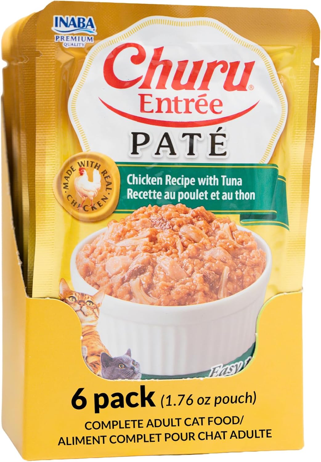 INABA Churu Entrée Pate for Senior Cats, High Protein & Moisture, Prebiotic Wet Cat Food, 1.76oz. per Serving, 48 Pouches, Chicken Recipe with Tuna