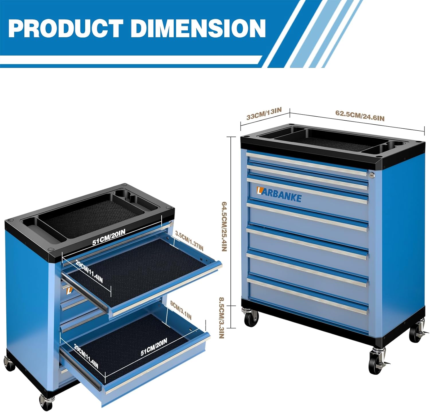 LARBANKE 7-Drawer Rolling Tool Chest with Lock&Keys and Swivel Casters,Tool Chest with Multi-Sizes Drawers and Multifunctional Countertop,Special Connect Rods for Connection with 5-Drawer Tool Cabinet