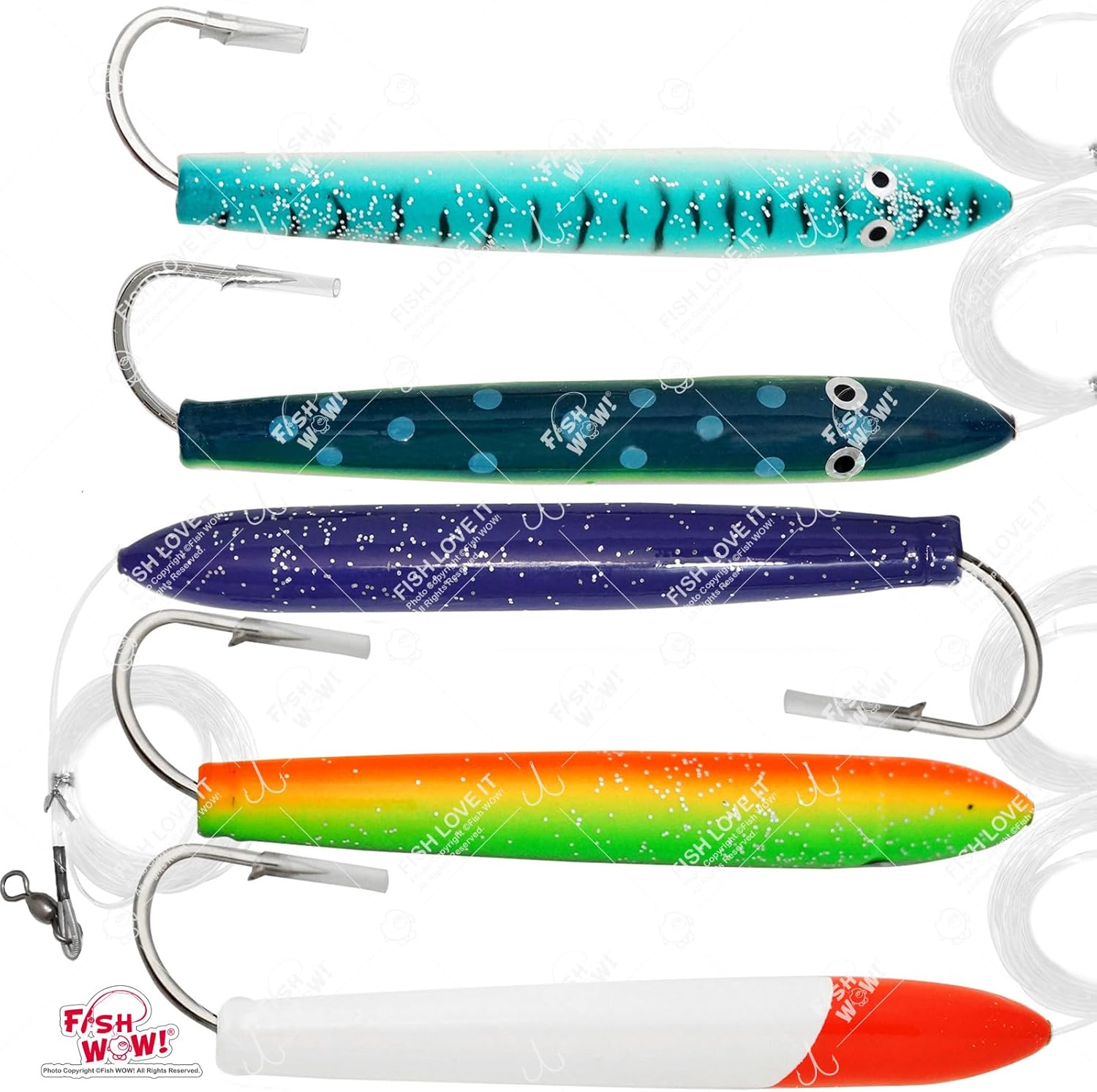 5pcs Fish WOW! 6" Fishing Cedar Plugs Rigged Tuna Mahi Trolling Wood Lure - Natural, Zucchini, Purple, Blue/White & Red/White
