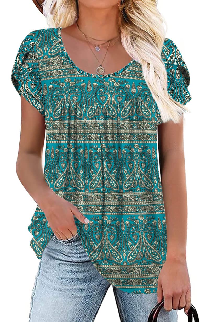 HOTGIFT Women's Short Sleeve Tunic Top Casual Crewneck Tops Pleated T